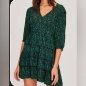 ba&sh Nina tiered ruffle dress green 3/4 sleeves mini dress size 10